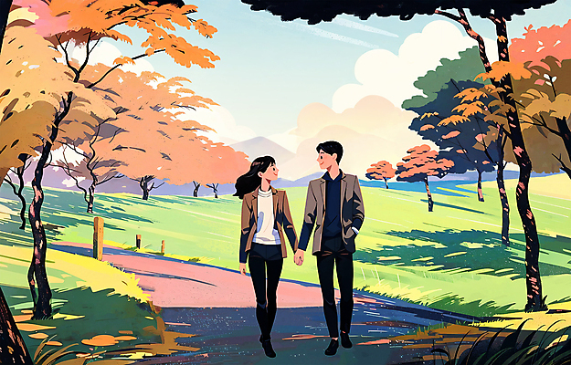 PSD 나무 커플 공원 여자 남자 단풍 데이트 일러스트 성인 두명 마주보기 걷기 가을풍경 손잡기 주황색 감성 성인만 국내일러스트 식물 공공시설 컬러 컨셉 잎 관계 모션 사람 풍경 파일형식 가을_계절