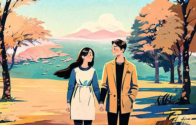 PSD 나무 커플 여자 남자 단풍 데이트 일러스트 성인 두명 노란색 마주보기 가을풍경 손잡기 감성 성인만 국내일러스트 식물 컬러 컨셉 잎 관계 모션 사람 풍경 파일형식 가을_계절