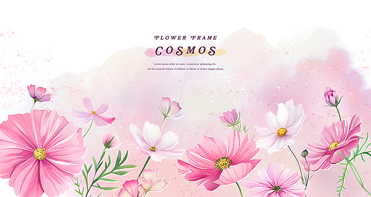 PSD 꽃잎 분홍색 일러스트 자연 나뭇잎 수채화 프레임 사람없음 가을 화려 코스모스 카피스페이스 국내일러스트 계절 꽃 컬러 컨셉 잎 공백 생태계 파일형식