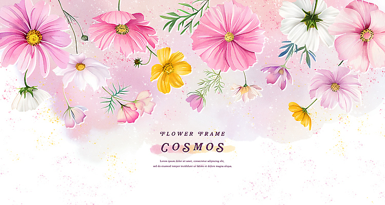 PSD 꽃잎 분홍색 일러스트 자연 나뭇잎 수채화 프레임 사람없음 가을 화려 코스모스 카피스페이스 국내일러스트 계절 꽃 컬러 컨셉 잎 공백 생태계 파일형식