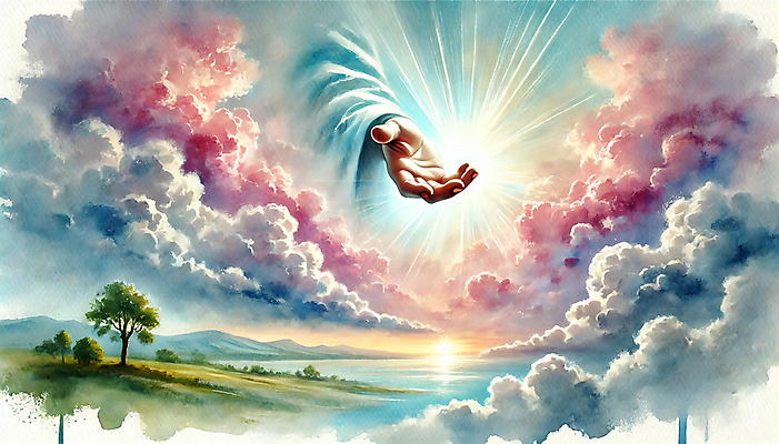 JPG 구름 손 기독교 일러스트 자연 하늘 수채화 초원 신체부위 예수 손내밀기 국내일러스트 AI일러스트 AI콘텐츠 자연요소 종교 사람 손짓 신_종교 생태계 파일형식