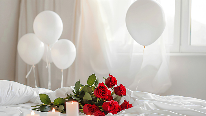 JPG 편집이미지 부부 결혼 프로포즈 촛불 창문 사랑 사람없음 장미 침대 커튼 디지털합성 준비 신혼 연애 풍선 편집실사 AI포토 AI콘텐츠 커플 꽃 감정 가구 초 이벤트 CG 파일형식