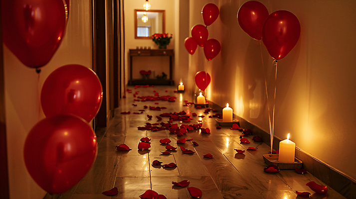 JPG 편집이미지 부부 결혼 프로포즈 촛불 사랑 사람없음 장미 복도 디지털합성 준비 신혼 연애 풍선 편집실사 AI포토 AI콘텐츠 커플 꽃 감정 초 이벤트 CG 파일형식