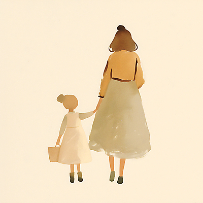 JPG 전신 여자 딸 어린이 가방 일러스트 엄마 사랑 들기 소녀 성인 두명 걷기 손잡기 베이지색 여자만 국내일러스트 AI일러스트 AI콘텐츠 잡화 감정 컬러 가족 모션 사람 파일형식