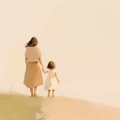 JPG 전신 여자 딸 어린이 일러스트 자연 엄마 사랑 소녀 성인 두명 손잡기 산책 베이지색 국내일러스트 AI일러스트 AI콘텐츠 감정 컬러 가족 모션 휴식 사람 생태계 파일형식
