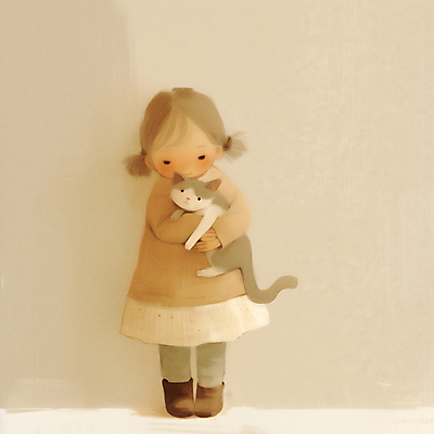 JPG 전신 여자 감정 어린이 일러스트 포옹 사랑 한명 소녀 고양이 베이지색 소녀한명만 국내일러스트 AI일러스트 AI콘텐츠 1 컬러 포유류 안기 사람 반려동물 여자한명만 소녀만 파일형식