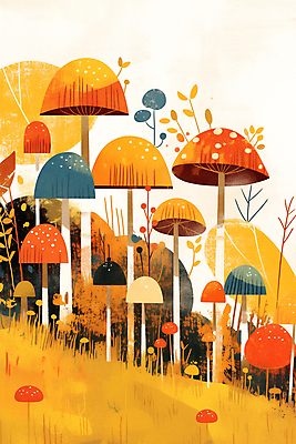 JPG 포스터 일러스트 자연 동화 사람없음 주황색 버섯 화려 국내일러스트 AI일러스트 AI콘텐츠 컬러 컨셉 생태계 파일형식
