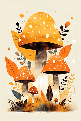 JPG 포스터 일러스트 자연 동화 사람없음 주황색 버섯 풀잎 화려 국내일러스트 AI일러스트 AI콘텐츠 컬러 컨셉 잎 풀_식물 생태계 파일형식