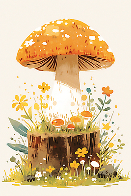 JPG 꽃 포스터 일러스트 자연 동화 사람없음 주황색 버섯 화려 나무밑둥 국내일러스트 AI일러스트 AI콘텐츠 나무 식물 컬러 컨셉 생태계 파일형식