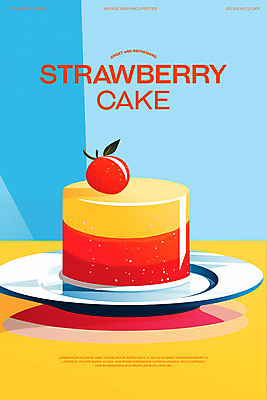 PSD 포스터 일러스트 딸기 사람없음 빨간색 케이크 카페 빈티지 달콤 복고 미니멀 국내일러스트 컬러 컨셉 과일 디저트 상점 맛 파일형식