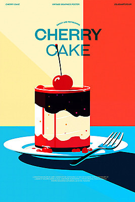 PSD 포스터 하늘색 포크 일러스트 사람없음 케이크 카페 빈티지 체리 달콤 복고 미니멀 국내일러스트 식기 컨셉 과일 디저트 파란색 상점 맛 파일형식