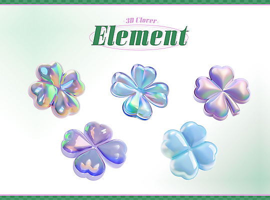 PSD 아이콘 사람없음 세트 3D아이콘 3D 행운 네잎클로버 오브젝트 질감 광택 엘리먼트 홀로그램 MZ세대 키치 Y2K 식물 컨셉 클로버 디지털합성 세대 파일형식