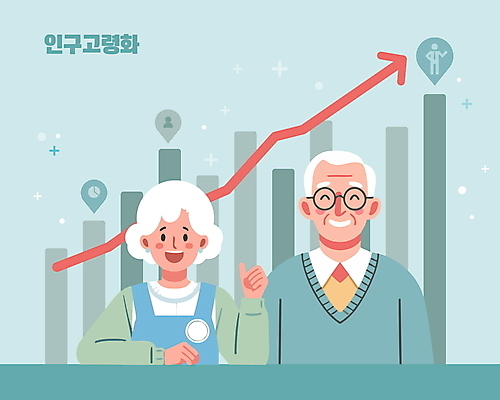 여자 할아버지 노년 남자 할머니 일러스트 그래프 두명 파란색 상승 고령화 인구 노인만 국내일러스트 AI파일 컬러 컨셉 사람 성인 사회이슈 성인만 파일형식 벡터