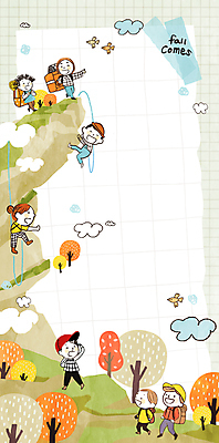 PSD 여자 남자 어린이 일러스트 배낭 산 소녀 소년 여러명 성인 빨간색 등산 가을 추억 암벽등반 카피스페이스 국내일러스트 계절 컬러 다수 컨셉 가방 사람 공백 트래킹 파일형식