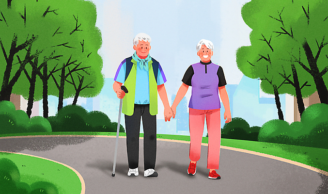 전신 PSD 공원 여자 할아버지 노년 남자 할머니 일러스트 두명 운동 걷기 손잡기 산책 등산스틱 노인만 국내일러스트 공공시설 모션 휴식 건강 사람 성인 등산용품 성인만 파일형식