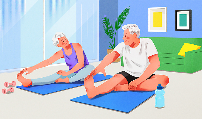 전신 PSD 여자 할아버지 노년 남자 할머니 일러스트 건강 두명 운동 마주보기 스트레칭 매트 노인만 국내일러스트 모션 사람 성인 성인만 파일형식