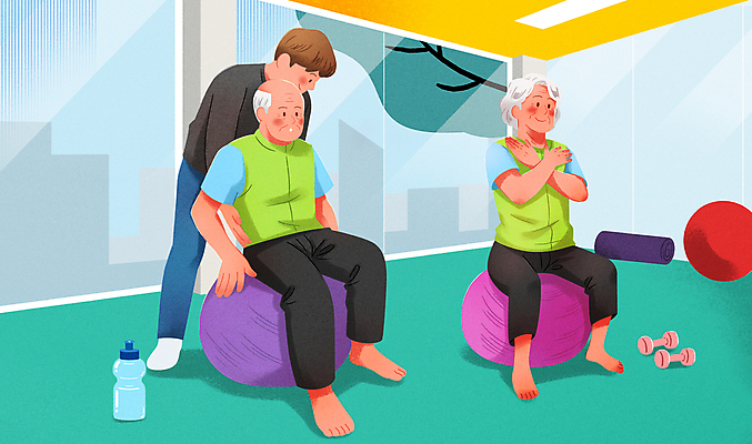 전신 PSD 여자 할아버지 노년 남자 할머니 일러스트 요가 창문 건강 성인 세명 운동 짐볼 균형 트레이너 국내일러스트 웰빙 사람 헬스 파일형식