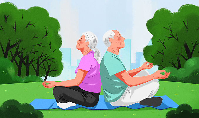 전신 PSD 여자 할아버지 노년 남자 할머니 일러스트 요가 스트레스 건강 앉기 두명 운동 눈감음 매트 등맞대기 명상 노인만 정신건강 국내일러스트 웰빙 모션 사람 성인 성인만 파일형식
