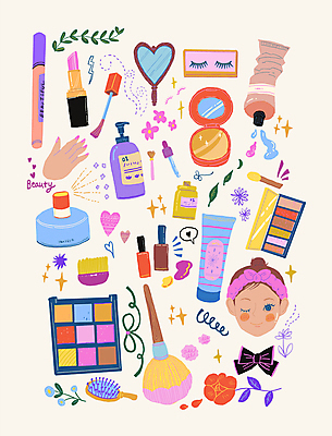 PSD 여자 리본 얼굴 일러스트 한명 성인 컬러풀 화장 장미 거울 립스틱 네일아트 속눈썹 향수 아이셰도우 핸드크림 성인여자한명만 국내일러스트 1 꽃 컬러 사람 신체부위 뷰티 화장품 눈썹 여자한명만 성인여자만 파일형식