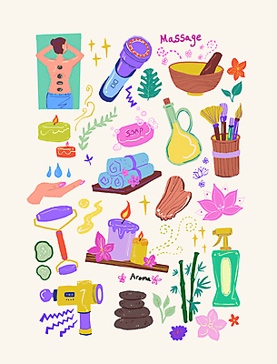 PSD 여자 일러스트 한명 성인 수건 컬러풀 돌_바위 마사지 대나무 아로마 향초 마사지기 성인여자한명만 국내일러스트 나무 1 컬러 초 사람 위생용품 여자한명만 성인여자만 파일형식