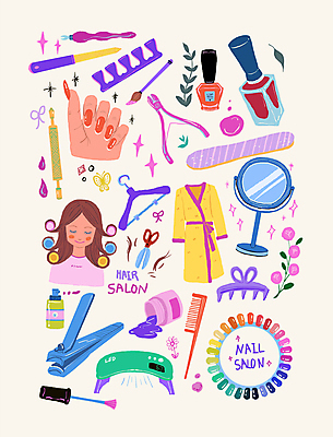 PSD 손 여자 얼굴 일러스트 한명 성인 컬러풀 거울 머리빗 가운 네일아트 매니큐어 손톱깎이 성인여자한명만 국내일러스트 1 옷 컬러 사람 신체부위 뷰티 화장품 미용용품 여자한명만 성인여자만 파일형식