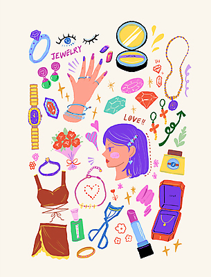 PSD 손 여자 수영복 얼굴 일러스트 팔찌 윙크 한명 성인 컬러풀 립스틱 뷰러 팩트 성인여자한명만 국내일러스트 1 옷 컬러 장신구 표정 사람 신체부위 화장품 화장용품 여자한명만 성인여자만 파일형식