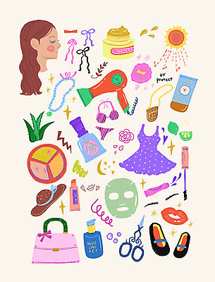 PSD 모자 여자 얼굴 가방 일러스트 목걸이 한명 성인 컬러풀 선크림 입술 아이셰도우 자외선 성인여자한명만 국내일러스트 1 잡화 컬러 장신구 사람 신체부위 화장품 여자한명만 성인여자만 파일형식