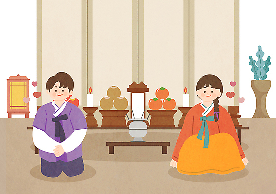 전신 PSD 여자 남자 행복 화초 일러스트 촛불 감 성인 두명 추석 배 한복 제사 병풍 성인만 국내일러스트 식물 한국전통 명절 감정 과일 초 사람 전통의상 전통의례 파일형식