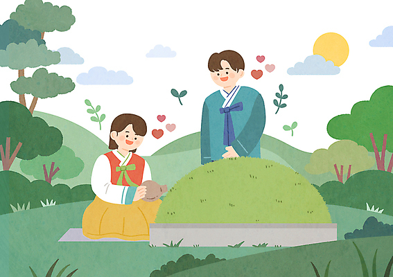 전신 PSD 나무 여자 남자 행복 일러스트 산 성인 두명 추석 무덤 성묘 성인만 국내일러스트 식물 명절 감정 사람 파일형식