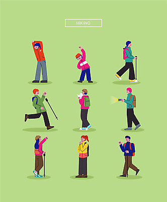 전신 여자 남자 어린이 지도 일러스트 소녀 여러명 성인 연두색 운동 스트레칭 하이킹 가을 인사 손전등 미끄러짐 등산객 고민 국내일러스트 AI파일 계절 감정 다수 모션 레저 조명 건강 사람 초록색 등산 예절 파일형식 벡터