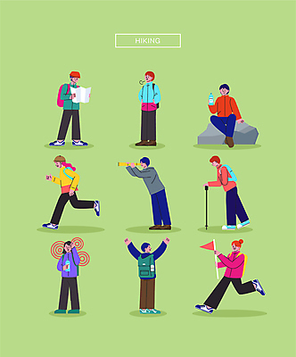 전신 여자 남자 지도 일러스트 휴식 여러명 성인 연두색 달리기 망원경 만세 하이킹 가을 깃발 등산객 현기증 성인만 국내일러스트 AI파일 계절 다수 컨셉 모션 레저 사람 초록색 등산 증상 파일형식 벡터