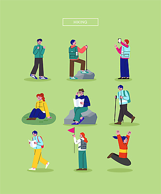 전신 여자 남자 지도 일러스트 휴식 여러명 성인 연두색 점프 하이킹 가을 바위 깃발 정상 셀프카메라 등산객 성인만 국내일러스트 AI파일 계절 다수 컨셉 모션 레저 사람 초록색 사진촬영 등산 돌_바위 파일형식 벡터