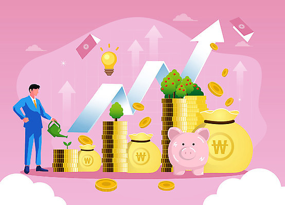 남자 화살표 분홍색 일러스트 전구 한명 성인 새싹 동전 물뿌리개 돼지저금통 재테크 통장 투자 돈보따리 성인남자한명만 국내일러스트 AI파일 식물 1 컬러 돈 비즈니스 사람 금융 저금통 남자한명만 성인남자만 파일형식 벡터