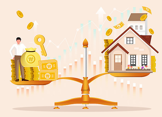 남자 지폐 일러스트 열쇠 부동산 그래프 주택 저울 한명 성인 동전 재테크 돈보따리 베이지색 성인남자한명만 국내일러스트 AI파일 1 컬러 돈 사람 건물 금융 재산 남자한명만 성인남자만 파일형식 벡터