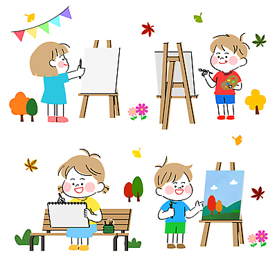 전신 여자 남자 어린이 낙엽 일러스트 소녀 소년 여러명 축제 가을 그리기 즐거움 이젤 그림 캔버스 대회 어린이만 국내일러스트 AI파일 계절 감정 다수 잎 모션 사람 미술도구 파일형식 벡터