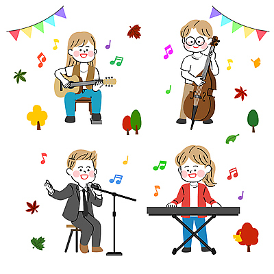 전신 여자 남자 음악 낙엽 연주 일러스트 노래 여러명 성인 축제 가을 기타 마이크 즐거움 첼로 전자피아노 성인만 국내일러스트 AI파일 계절 감정 음향기기 다수 잎 현악기 문화예술 사람 피아노 파일형식 벡터 찰현악기