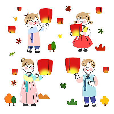 전신 여자 남자 어린이 낙엽 일러스트 날리기 소녀 소년 여러명 성인 축제 가을 한복 즐거움 풍등 국내일러스트 AI파일 한국전통 계절 감정 다수 잎 모션 조명 사람 전통의상 파일형식 벡터