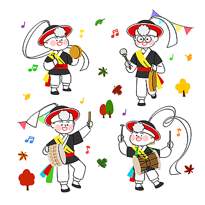 전신 여자 남자 어린이 낙엽 일러스트 소녀 소년 여러명 축제 가을 풍물놀이 사물놀이 북 즐거움 장구 징 꽹과리 어린이만 국내일러스트 AI파일 계절 감정 다수 잎 타악기 국악기 국악 사람 전통놀이 전통공연 파일형식 벡터