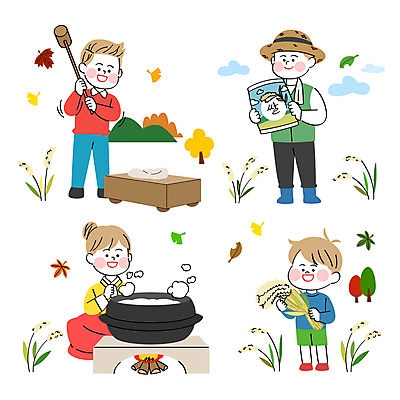 전신 여자 남자 어린이 낙엽 일러스트 밥 떡 소년 여러명 성인 벼 쌀 가을 즐거움 떡방아 쌀축제 국내일러스트 AI파일 계절 감정 음식 다수 잎 곡류 사람 축제 방아 파일형식 벡터