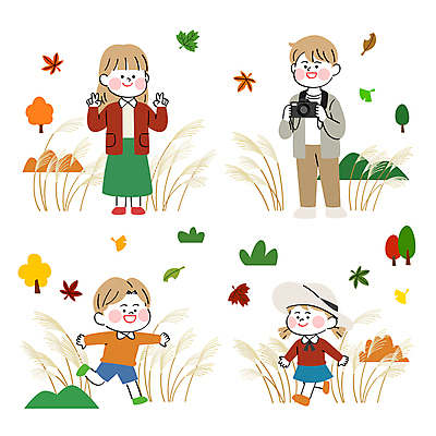 전신 여자 남자 어린이 포즈 낙엽 일러스트 소녀 소년 여러명 성인 카메라 축제 가을 즐거움 억새 브이 국내일러스트 AI파일 식물 계절 감정 다수 잎 사람 손짓 전자제품 파일형식 벡터