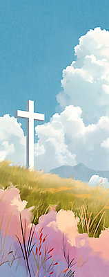 JPG 구름 꽃 기독교 십자가 일러스트 하늘 풍경 사람없음 파란색 평화 언덕 국내일러스트 AI일러스트 AI콘텐츠 자연요소 식물 종교 컬러 컨셉 파일형식