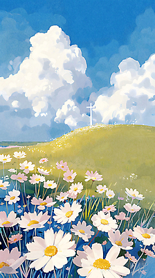 JPG 구름 꽃 기독교 십자가 일러스트 하늘 풍경 사람없음 파란색 평화 언덕 국내일러스트 AI일러스트 AI콘텐츠 자연요소 식물 종교 컬러 컨셉 파일형식