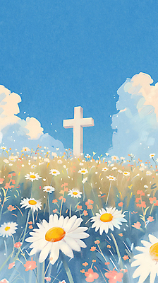 JPG 구름 꽃 기독교 십자가 일러스트 하늘 풍경 사람없음 파란색 평화 언덕 국내일러스트 AI일러스트 AI콘텐츠 자연요소 식물 종교 컬러 컨셉 파일형식