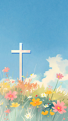 JPG 구름 꽃 기독교 십자가 일러스트 하늘 풍경 사람없음 파란색 평화 언덕 국내일러스트 AI일러스트 AI콘텐츠 자연요소 식물 종교 컬러 컨셉 파일형식