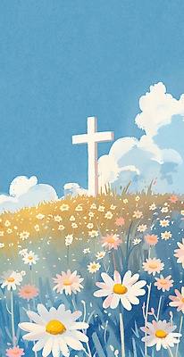 JPG 구름 꽃 기독교 십자가 일러스트 하늘 풍경 사람없음 파란색 평화 언덕 국내일러스트 AI일러스트 AI콘텐츠 자연요소 식물 종교 컬러 컨셉 파일형식