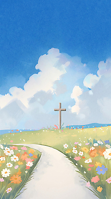 JPG 구름 꽃 기독교 십자가 일러스트 하늘 풍경 사람없음 파란색 평화 언덕 국내일러스트 AI일러스트 AI콘텐츠 자연요소 식물 종교 컬러 컨셉 파일형식