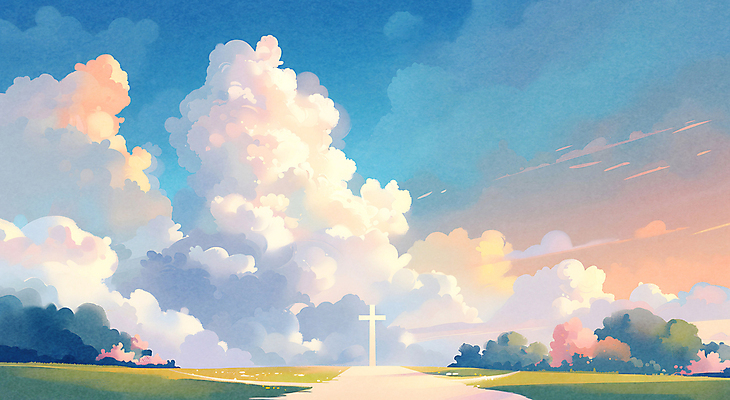 JPG 구름 꽃 기독교 십자가 일러스트 하늘 풍경 사람없음 파란색 평화 언덕 국내일러스트 AI일러스트 AI콘텐츠 자연요소 식물 종교 컬러 컨셉 파일형식