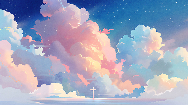 JPG 구름 기독교 십자가 일러스트 하늘 풍경 사람없음 파란색 평화 국내일러스트 AI일러스트 AI콘텐츠 자연요소 종교 컬러 컨셉 파일형식