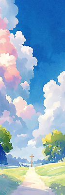 JPG 구름 꽃 기독교 십자가 일러스트 하늘 풍경 사람없음 파란색 평화 언덕 국내일러스트 AI일러스트 AI콘텐츠 자연요소 식물 종교 컬러 컨셉 파일형식
