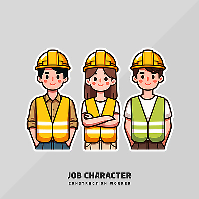 전신 여자 남자 건축 일러스트 노동자 건설업 직업캐릭터 공사 성인 세명 노란색 팔짱 기술자 안전모 주머니손 안전조끼 성인만 건설근로자 일러캐릭터 AI파일 직업 캐릭터 산업 컬러 모션 사람 헬멧 안전장비 파일형식 벡터